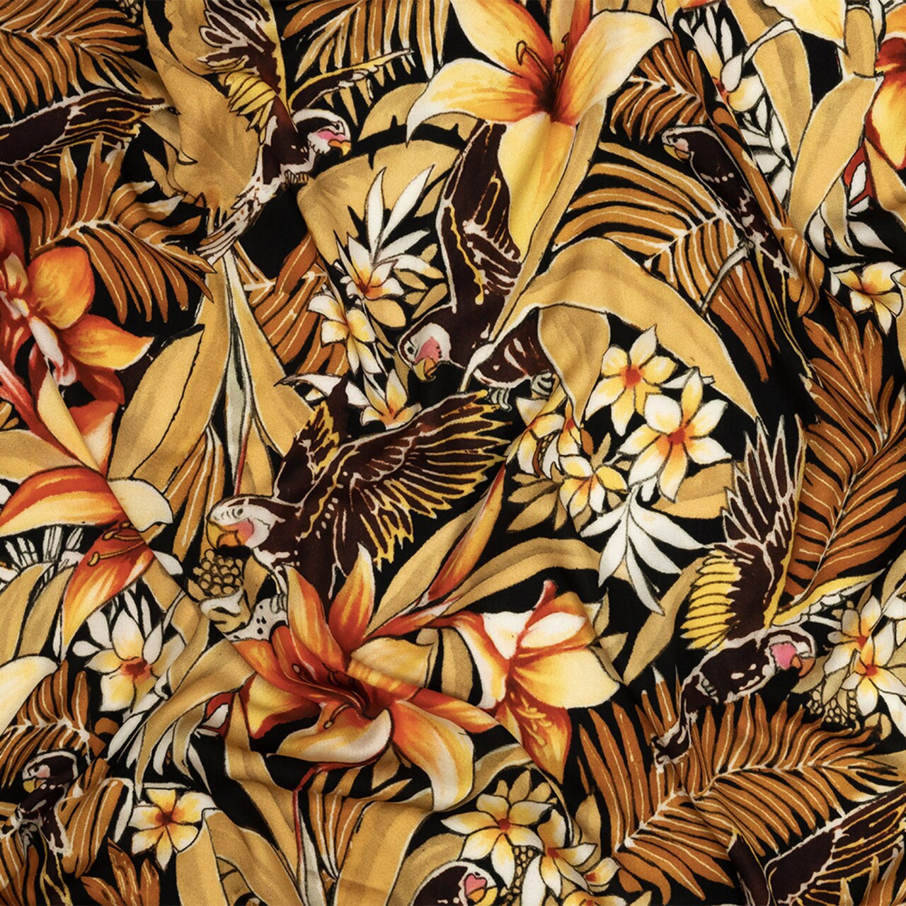 1 Yard Rayon Challis Fabric Black and Gold Floral Chiaroscuro Print 55 inch Width